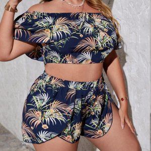 SHEIN VCAY Plus Tropical Print Off Shoulder Overlay Crop Top & Shorts 0XL